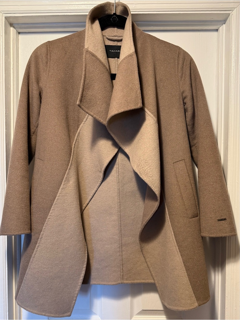 Tahari Camel Waterfall Coat – Elegant & Timeless